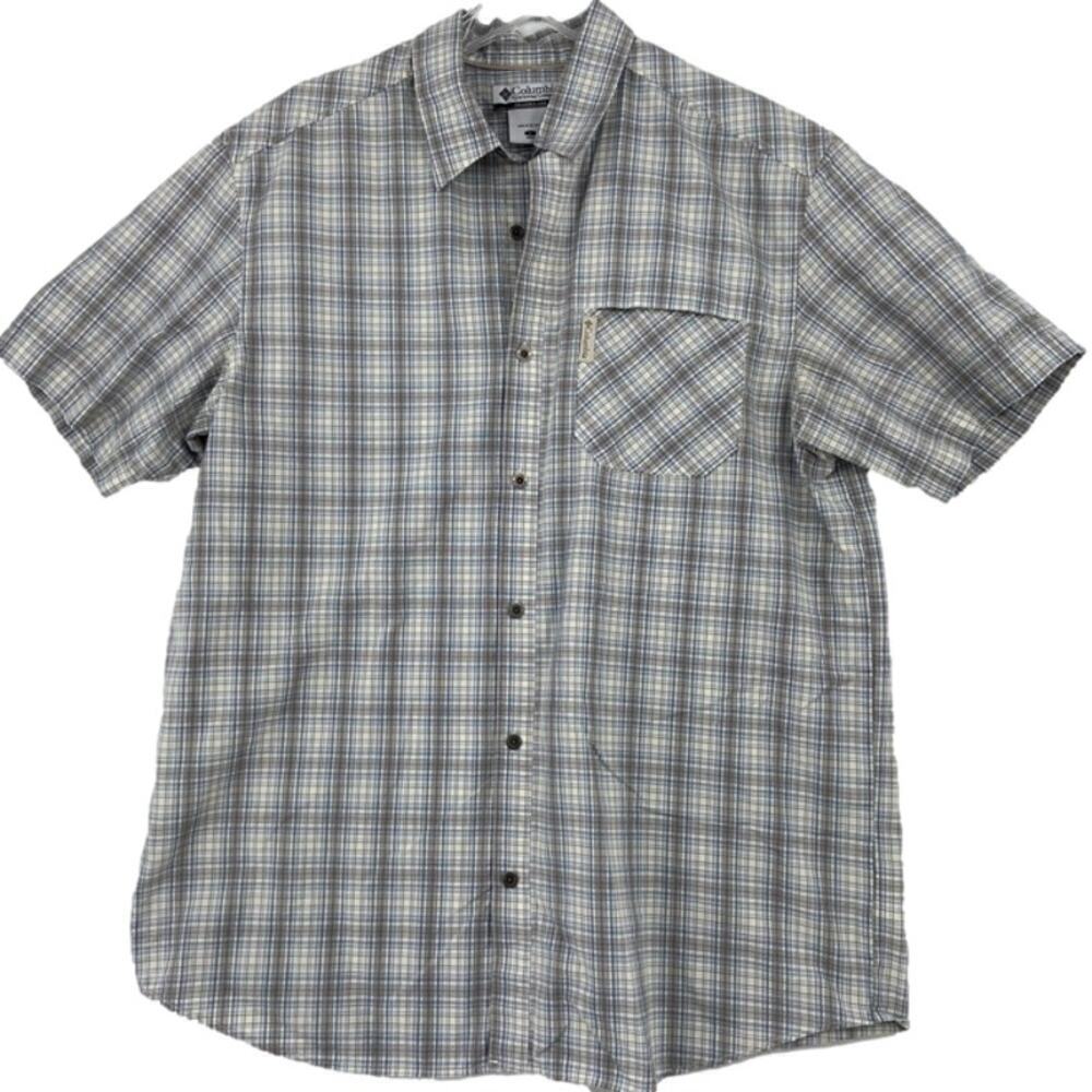 Columbia Button Down Shirt Men's Size‎ L Beige Blue Plaid Pocket Short Sleeve